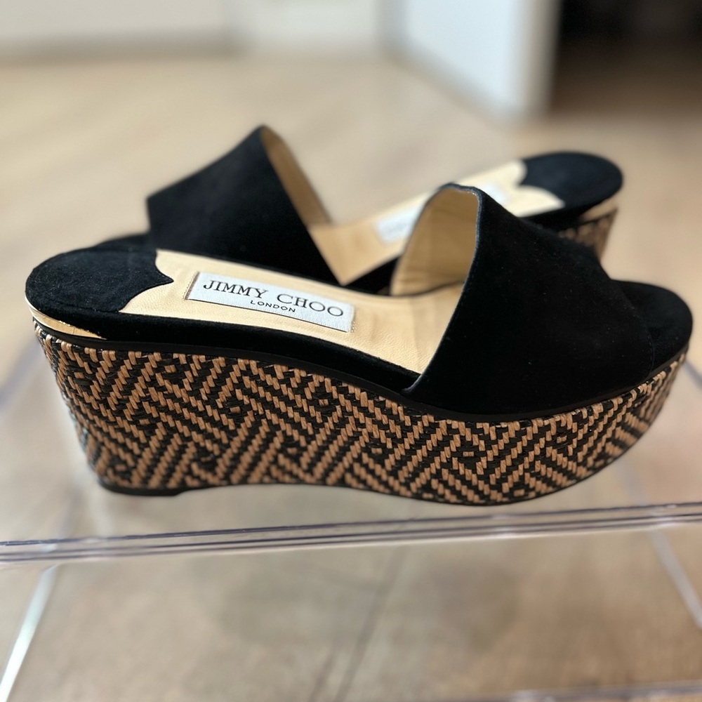 Black Suede Jimmy Choo Rafia mule wedge - Picture 2 of 8